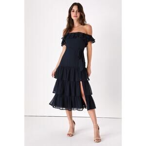 Dear to My Heart Navy Swiss dot tiered midi dress Size Medium